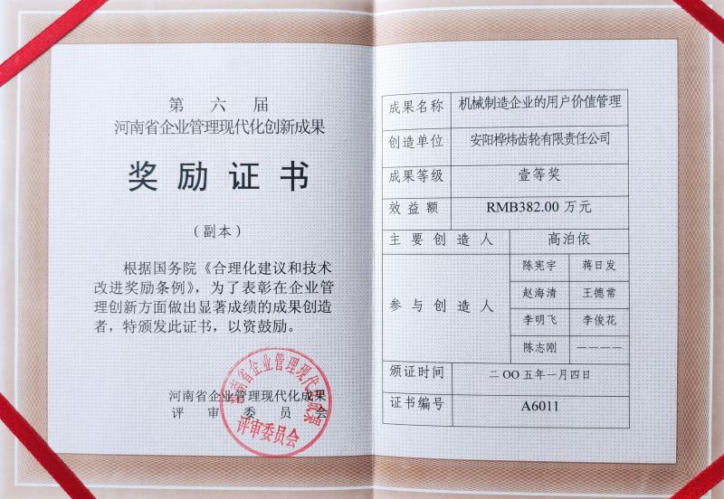 河南省企業(yè)管理現(xiàn)代化創(chuàng)新成果獎(jiǎng)勵(lì)證書(shū)